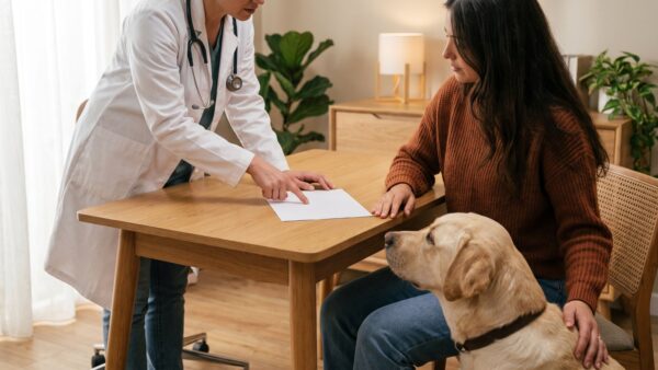 hunde op beratung Tieraerztin beraet einen Hundehalter im Sprechzimmer - OP-Versicherung oder Vollschutz