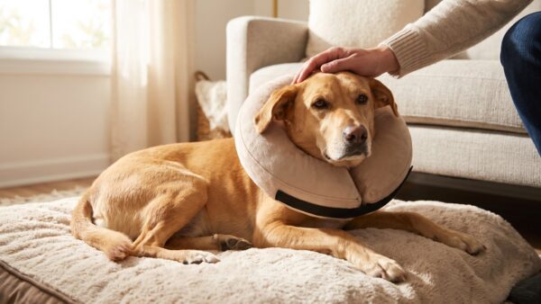 hunde op genesung Hund mit Halskragen erholt sich nach der Operation auf einer Decke - Hunde-OP-Versicherung
