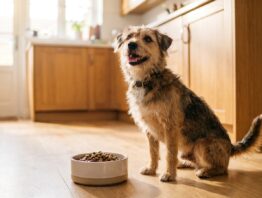Hund sitzt erwartungsvoll neben dem Futternapf in der Kueche - was kostet ein Hund im Monat