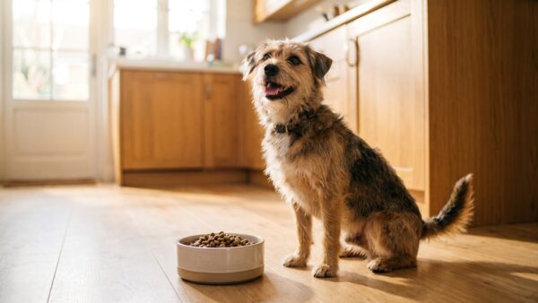 hundkosten alltag Hund sitzt erwartungsvoll neben dem Futternapf in der Kueche - was kostet ein Hund im Monat