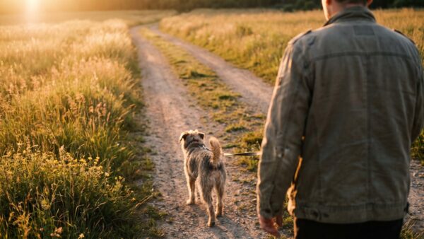 hundkosten spaziergang Person geht mit Hund an der Leine auf einem Feldweg spazieren - laufende Kosten fuer einen Hund