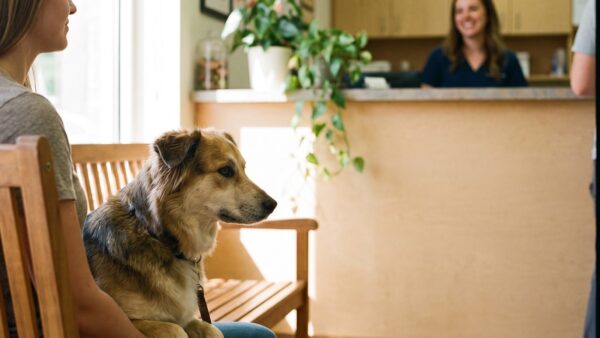 hundkosten tierarzt Hund sitzt mit seinem Halter im Wartezimmer der Tierarztpraxis - Hundekosten im Alter
