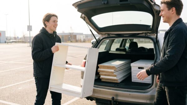 ikea second hand uebergabe Übergabe eines gebrauchten Regals aus hellem Holz am Auto zwischen zwei Personen