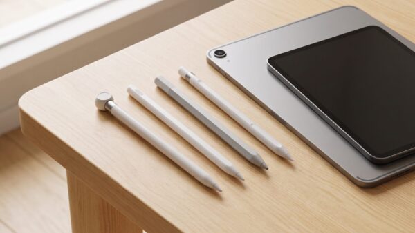 ipad stift alternativen bild 1 Vier iPad-Stifte im Vergleich neben zwei Tablets — Kompatibilität nach iPad-Generation