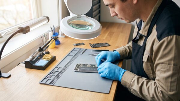 iphone refurbished kaufen werkstatt Refurbished iPhone kaufen: Techniker prüft ein aufbereitetes Smartphone in der Werkstatt