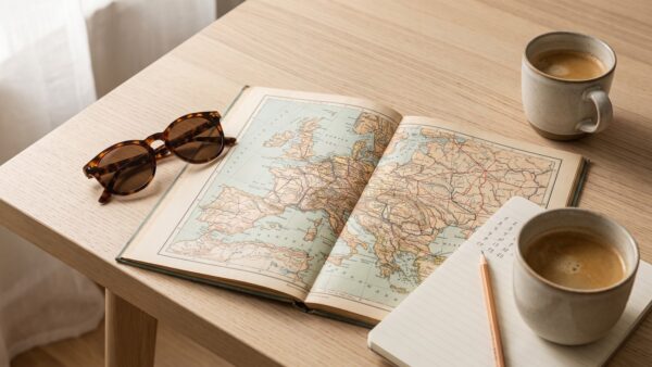 justaway planung Reiseplanung mit Landkarte und Notizblock