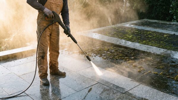 Kärcher Hochdruckreiniger im Einsatz auf einer Steinterrasse