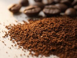 Nahaufnahme gleichmäßig gemahlenen Kaffeepulvers mit ganzen Bohnen