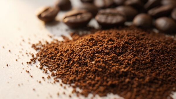 kaffeemaschine mit mahlwerk bild 1 Nahaufnahme gleichmäßig gemahlenen Kaffeepulvers mit ganzen Bohnen