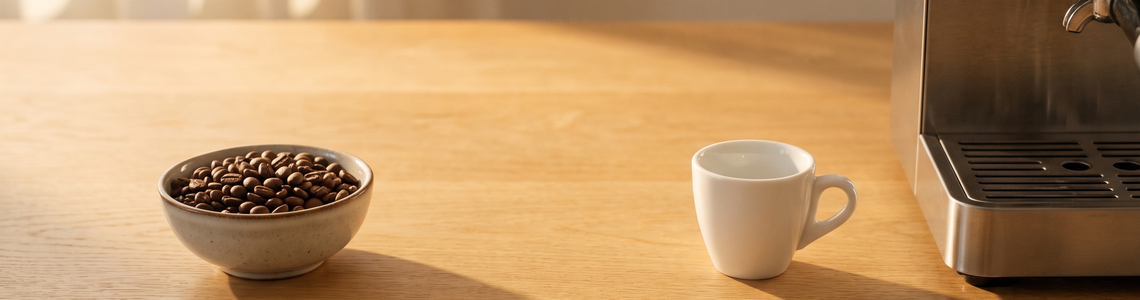 Schale mit Kaffeebohnen neben Espressotasse und schlichter Maschine