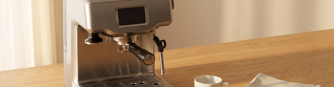 Schlichte Espressomaschine ohne Aufdruck neben Tasse und Tuch