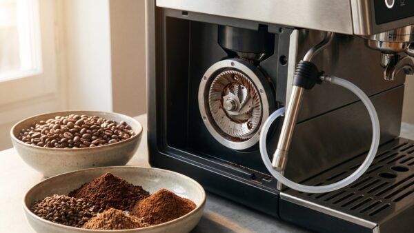 Kegelmahlwerk eines Kaffeevollautomaten mit Kaffeebohnen und Mahlgraden