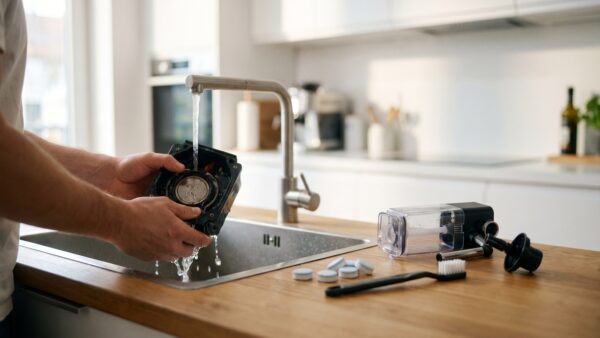 Bruehgruppe eines Kaffeevollautomaten wird unter fliessendem Wasser gereinigt