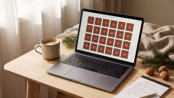 Online-Adventskalender Gewinnspiel am Laptop mit 24 Türchen