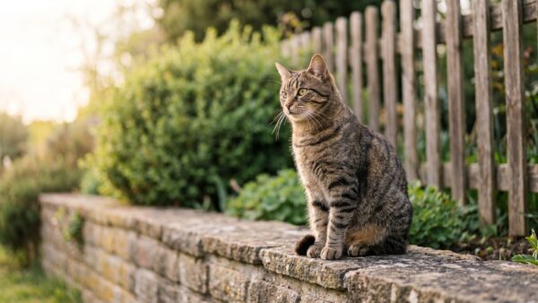 kastration katze freigang Getigerte Katze sitzt auf einer Gartenmauer - Kastrationspflicht fuer Freigaengerkatzen