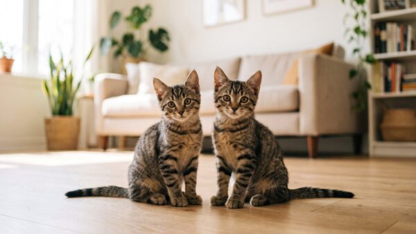 kastration katze kitten Zwei junge Kaetzchen sitzen nebeneinander auf dem Boden - Kastration verhindert ungewollten Nachwuchs