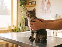 Junge getigerte Katze auf dem Behandlungstisch in der Tierarztpraxis - Katze kastrieren Kosten
