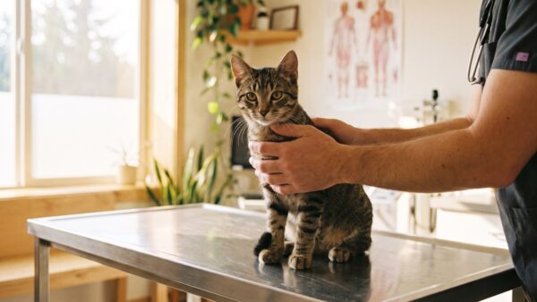 kastration katze praxis Junge getigerte Katze auf dem Behandlungstisch in der Tierarztpraxis - Katze kastrieren Kosten