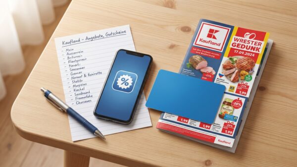 kaufland gutschein inline1 1600x900 1 Kaufland Gutschein und Coupons: Smartphone mit Bonusprogramm neben Einkaufszettel
