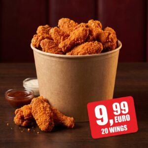 KFC Hot Wings Eimer mit Preisschild 9,99 Euro für 20 Wings