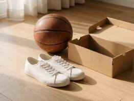 Sneaker und Basketball auf hellem Holzboden