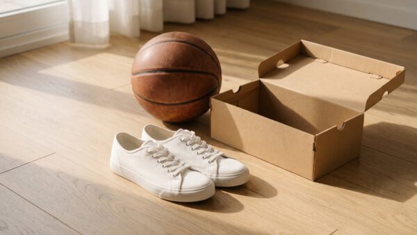 Sneaker und Basketball auf hellem Holzboden