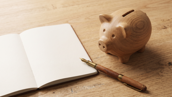 kinderdepot bild 1 Sparschwein neben aufgeschlagenem Notizbuch und FĂŒller