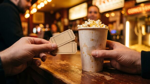 kino ticket Kinotickets und Popcorn auf einem Tresen