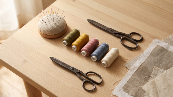 kleidung upcycling bild 2 Nähset mit Nadeln, Garnrollen, Schere und Stoffresten