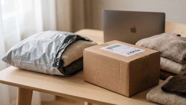 Ankaufsdienst fuer Kleidung: grauer Versandbeutel und Paket mit Versandlabel neben gefalteten Pullovern
