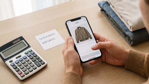 Gebuehren beim Kleidung verkaufen: Smartphone mit Verkaufs-App, Taschenrechner und Notizzettel mit Gebuehren und Versand
