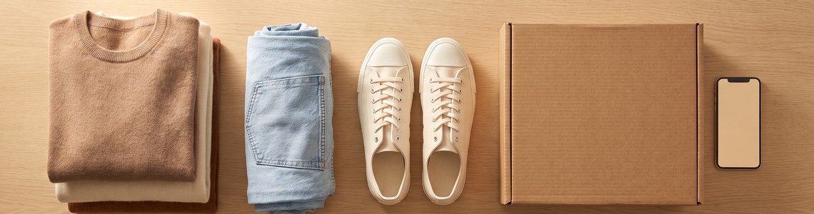 Kleidung verkaufen 2026: Pullover, Jeans, Sneaker, Versandkarton und Smartphone panoramisch auf einem Holztisch