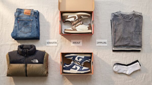 Welche Kleidung verkauft sich gut: Marken-Jeans und Winterjacke, Sneaker im Karton und verwaschene T-Shirts in drei Stapeln
