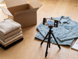 Kleidung verkaufen: gefalteter Kleiderstapel, Versandkarton und Smartphone auf Stativ beim Fotografieren einer Jeansjacke