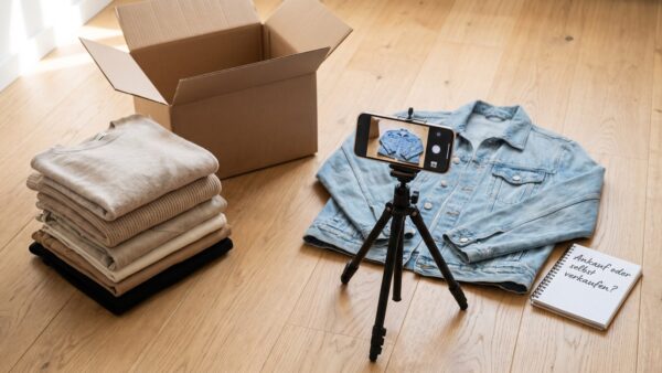 Kleidung verkaufen: gefalteter Kleiderstapel, Versandkarton und Smartphone auf Stativ beim Fotografieren einer Jeansjacke
