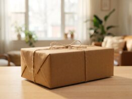 Verschnuertes braunes Paket auf einem hellen Holztisch am Fenster