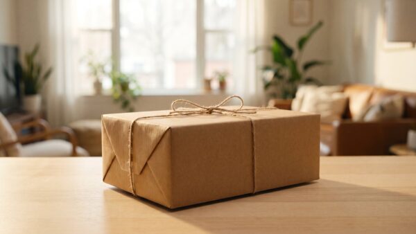 kleinanzeigen sicher bezahlen bild 1 Verschnuertes braunes Paket auf einem hellen Holztisch am Fenster