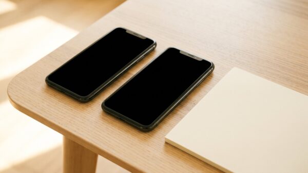 kleinanzeigen sicher bezahlen bild 3 Zwei Smartphones mit schwarzen Bildschirmen auf einem hellen Holztisch