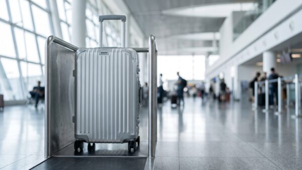 Kabinentrolley im Größenprüfrahmen am Flughafen-Gate