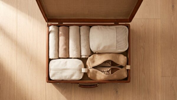 Geöffneter Koffer mit gerollter Kleidung und Packwürfeln