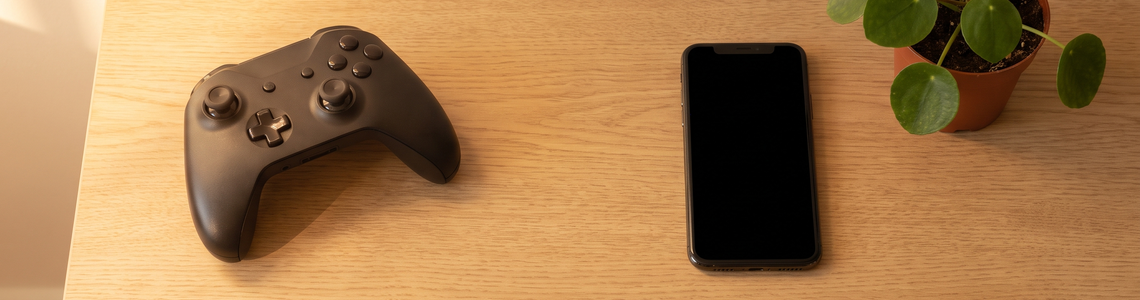 Neutraler Controller neben Smartphone mit dunklem Bildschirm und Pflanze