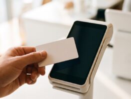 Bankkarte wird kontaktlos an das Kartenterminal gehalten
