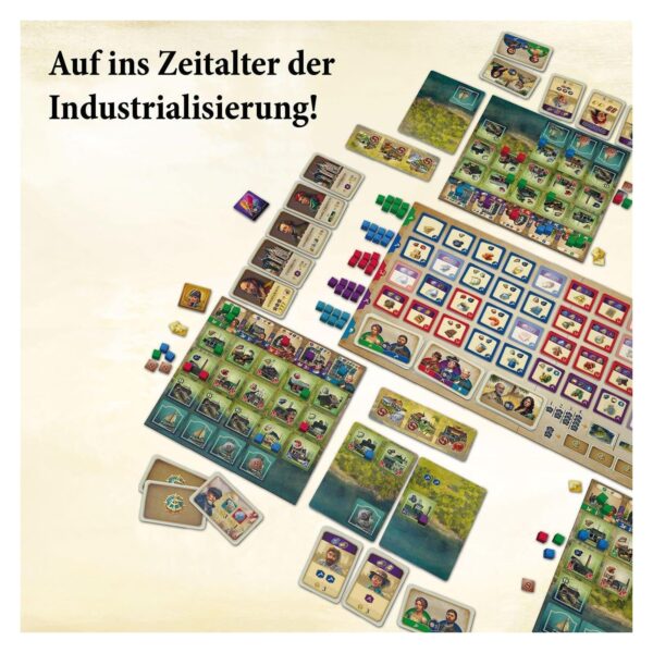 Spielmaterial des KOSMOS Anno 1800 Brettspiels mit Spielplan, Industrieplättchen und Bevölkerungskarten