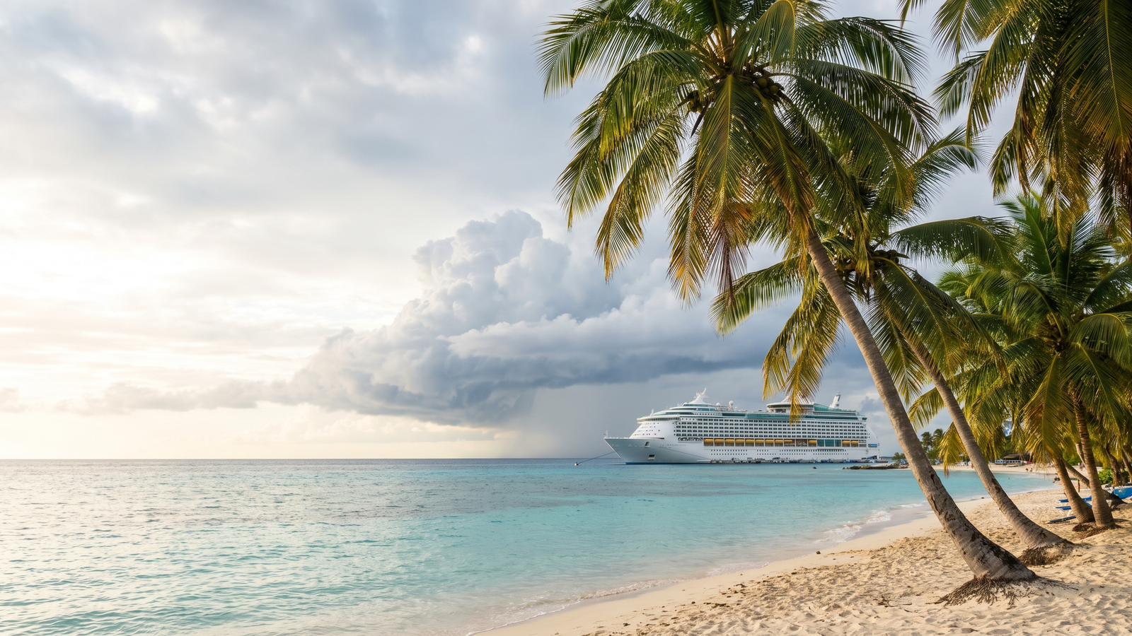 kreuzfahrt beste reisezeit bild 2 Karibische Bucht mit Kreuzfahrtschiff vor Anker und aufziehender Wolkenfront