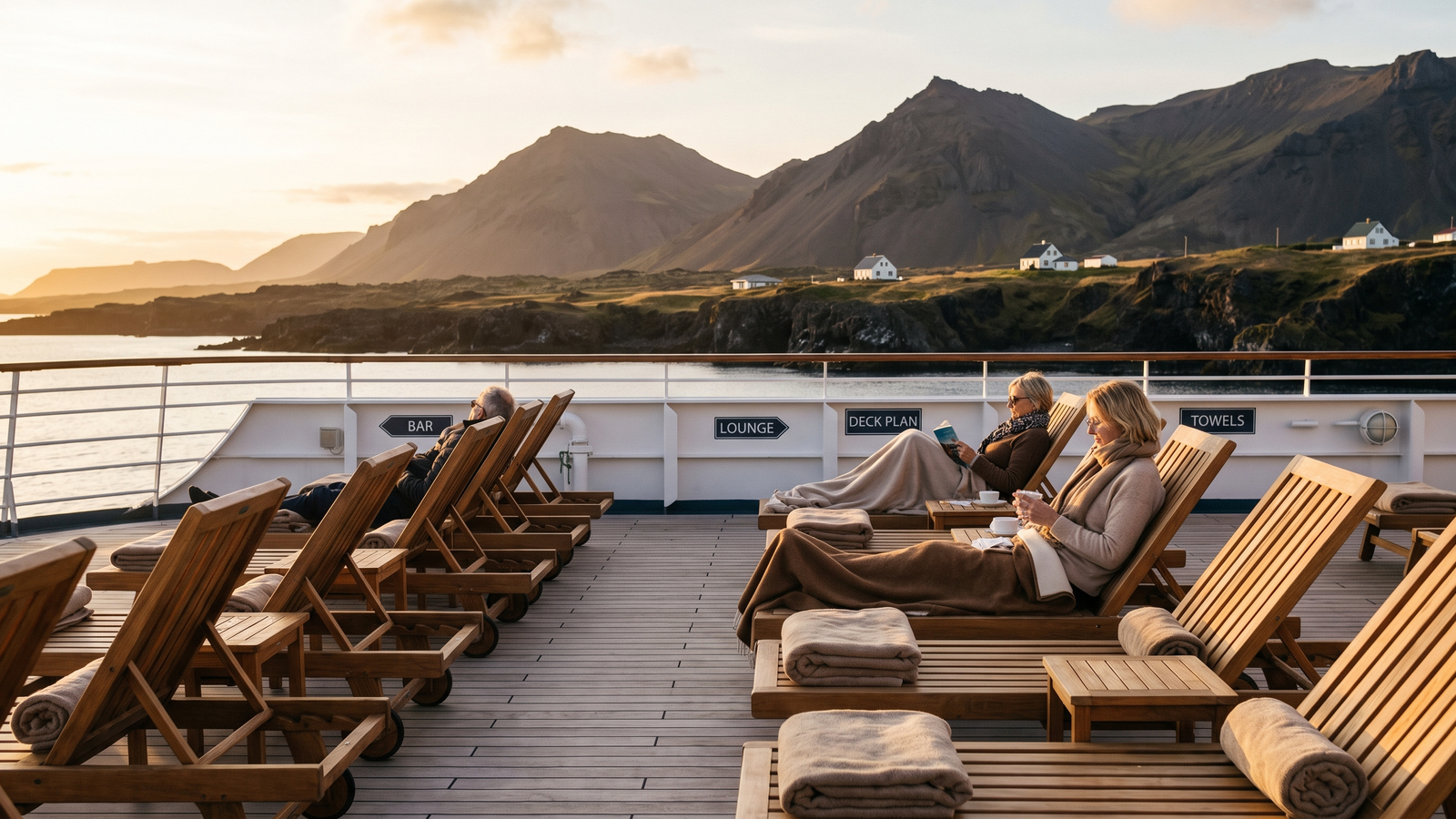 kreuzfahrt beste reisezeit bild 3 Sonnendeck eines Kreuzfahrtschiffs vor vulkanischer Küste der Kanaren im Winter