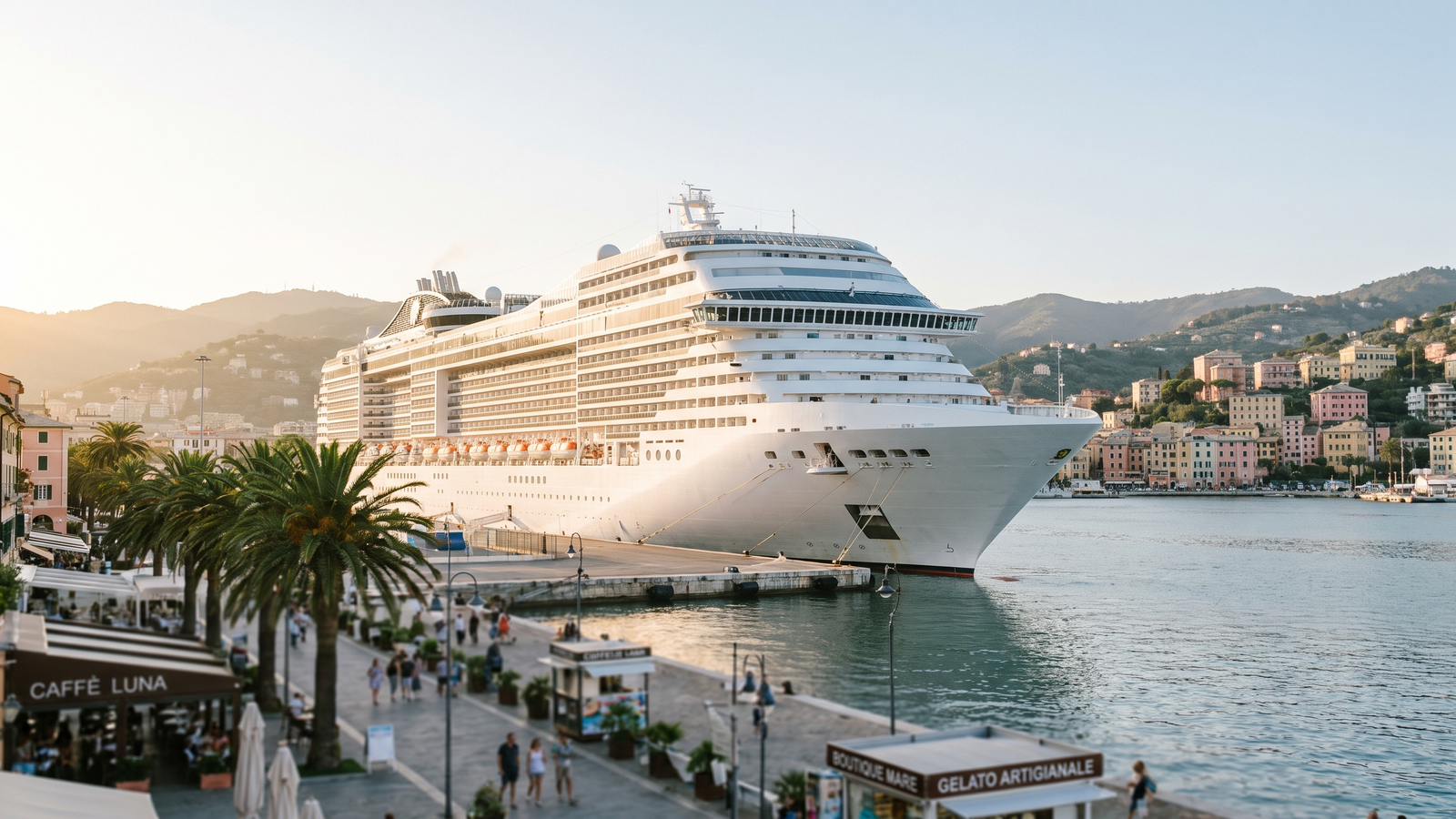 kreuzfahrt guenstig buchen bild 1 Kreuzfahrtschiff im Mittelmeerhafen â Ausgangspunkt fĂŒr eine gĂŒnstig gebuchte Kreuzfahrt