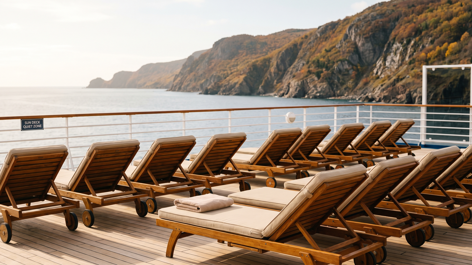 kreuzfahrt guenstig buchen bild 2 Leeres Sonnendeck eines Kreuzfahrtschiffs in der Nebensaison mit freien LiegestĂŒhlen