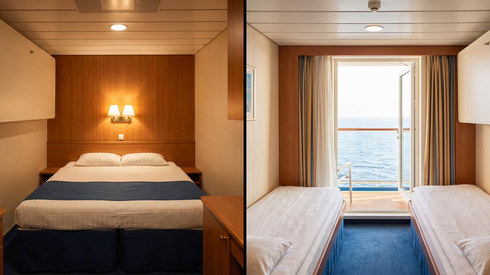 kreuzfahrt guenstig buchen bild 3 Innenkabine und Balkonkabine auf dem Kreuzfahrtschiff im direkten Vergleich