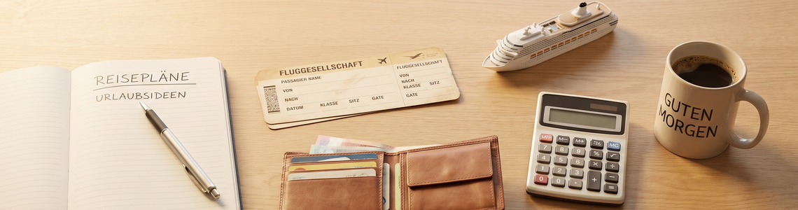 Kreuzfahrt-Kosten planen: Notizblock, Bordkarte und Schiffsmodell auf dem Schreibtisch