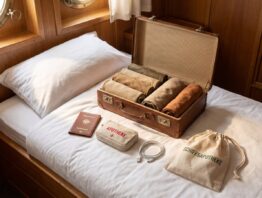Kreuzfahrt-Packliste: Koffer mit Kleidung, Dokumenten und Reiseapotheke auf dem Bett